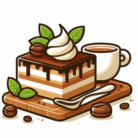 Vector illustration of a piece of chocolate cake with whipped cream and coffeeのイラスト素材