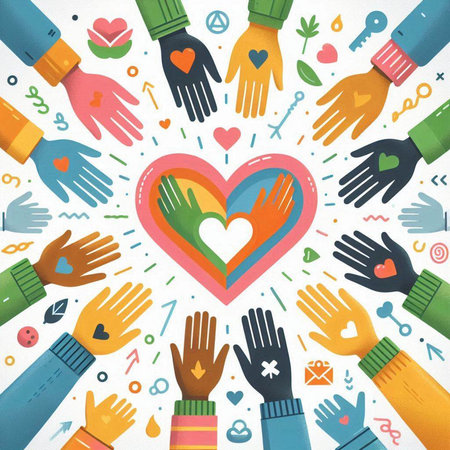 Colorful hands with heart and love on white background. Vector illustration.のイラスト素材