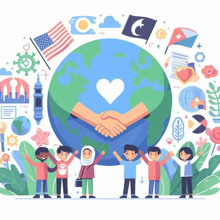 Vector illustration of Muslim people holding hands around the globe. Muslim community.のイラスト素材