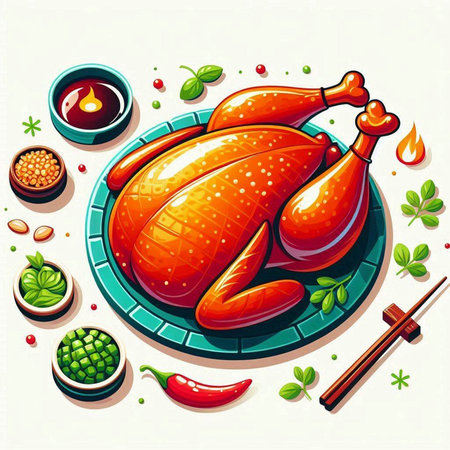 Vector illustration of roasted chicken on plate with soy sauce and chopsticksのイラスト素材