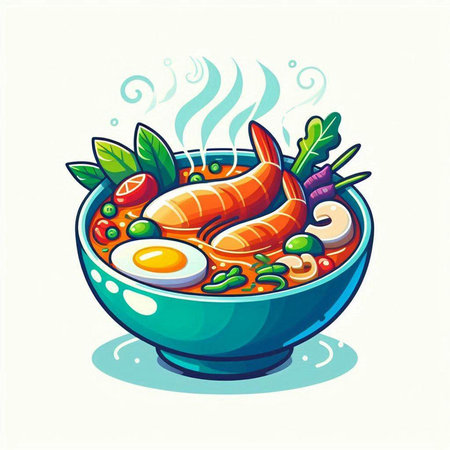 Illustration of a bowl of soup with shrimp, egg and vegetablesのイラスト素材