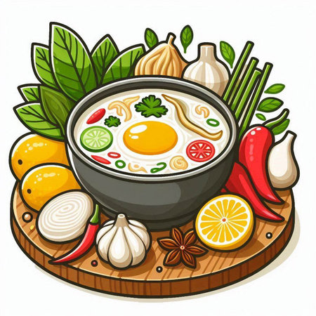 Thai food Tom Yum soup in bowl. Vector illustration.のイラスト素材