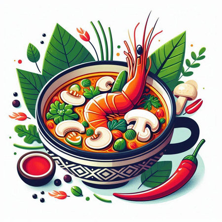 Tom yum soup with shrimps, mushrooms, vegetables and spicesのイラスト素材