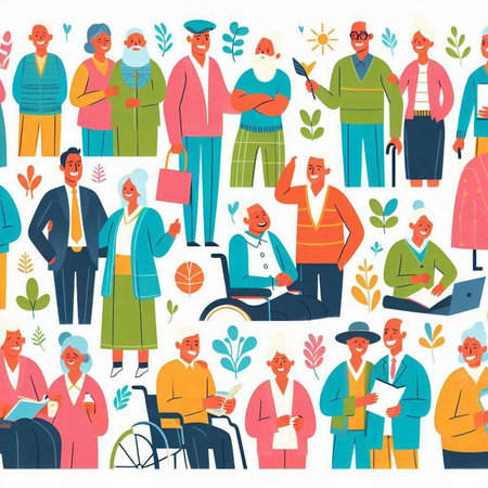 Seamless pattern with old people. Vector illustration in flat style.のイラスト素材