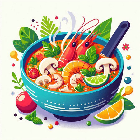 Seafood soup with shrimps in bowl. Vector illustration.のイラスト素材