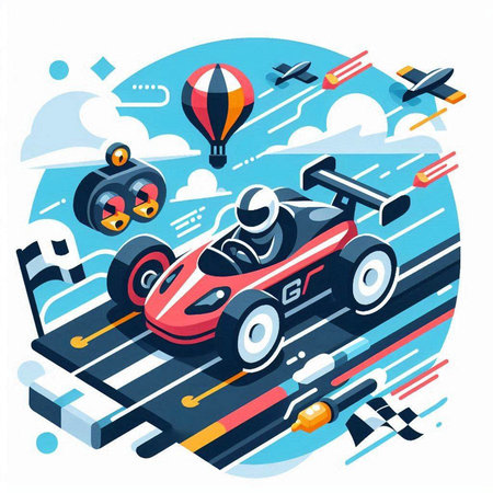 Isometric race car on the road with clouds. Vector illustration.のイラスト素材