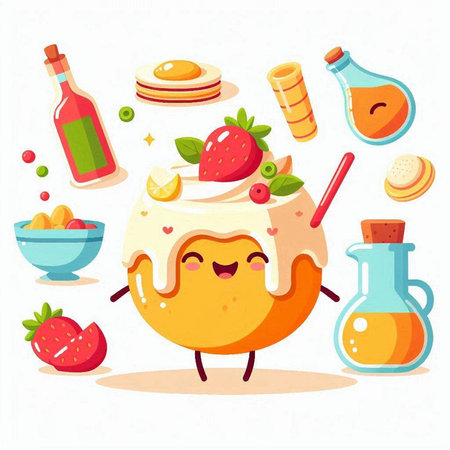 Cute and funny cartoon fruit cake character. Vector illustration on white background.のイラスト素材