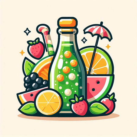Fruit smoothie vector illustration in flat cartoon style. Glass bottle with fresh fruit smoothie, strawberry, blackberry, lemon, orange, grape, lemon, watermelon.のイラスト素材
