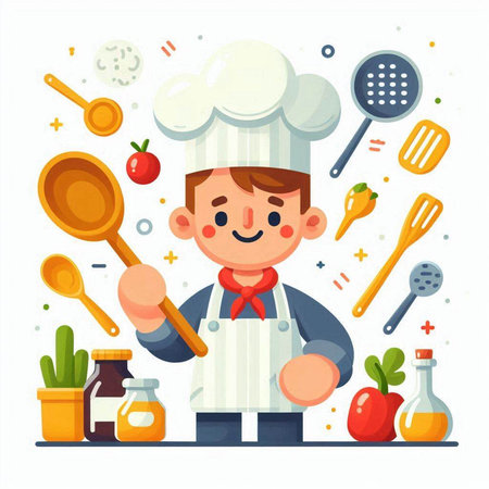 Cartoon chef boy with cooking tools. Vector illustration in flat styleのイラスト素材