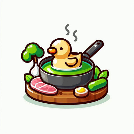 Cooking soup in a frying pan with duck. Vector illustration.のイラスト素材