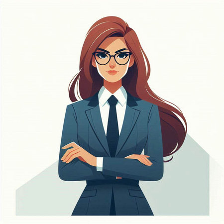 Young business woman in suit and glasses. Vector illustration in retro style.のイラスト素材
