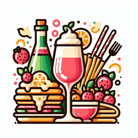 Strawberry, strawberry, orange, lemon, ice cream, pancake, ice cream, waffle, yogurt, wine, cocktail, fruit. Vector illustration.のイラスト素材