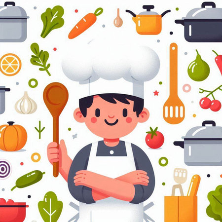 Cartoon cooking boy with chef hat and apron. Vector illustrationのイラスト素材