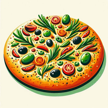 Pizza with olives, tomatoes and herbs. Vector illustration.のイラスト素材