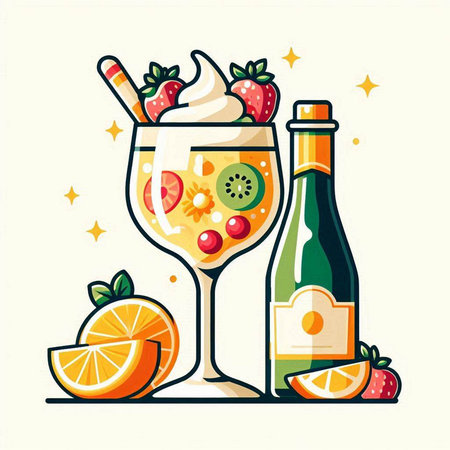 Vector illustration of a glass of fruit smoothie with a bottle of champagne.のイラスト素材