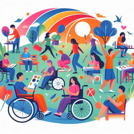 Disabled people in the park, vector illustration. Flat design.のイラスト素材