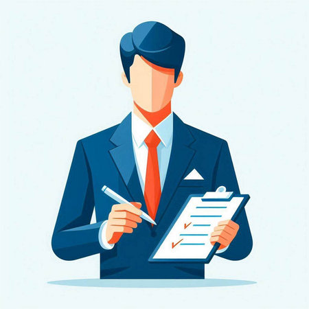Businessman holding clipboard and pen. Vector illustration in cartoon style.のイラスト素材