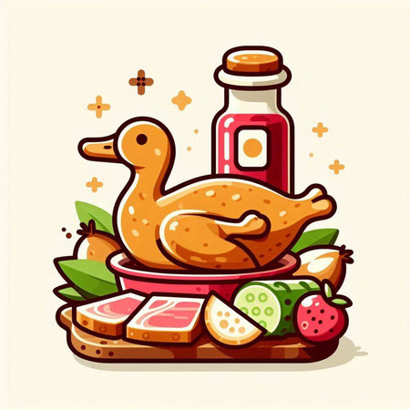 Illustration of a duck with a bottle of ketchup and breadのイラスト素材