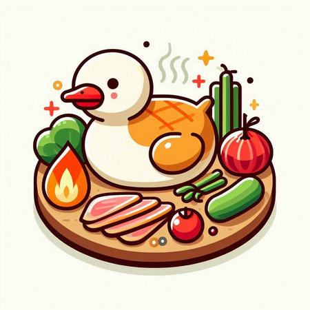 Illustration of a duck with vegetables and meat on a white backgroundのイラスト素材