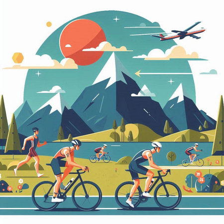 Cyclists in the mountains. Vector illustration in flat style.のイラスト素材