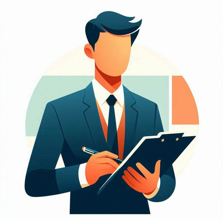 Businessman writing on clipboard. Vector illustration in flat cartoon style.のイラスト素材