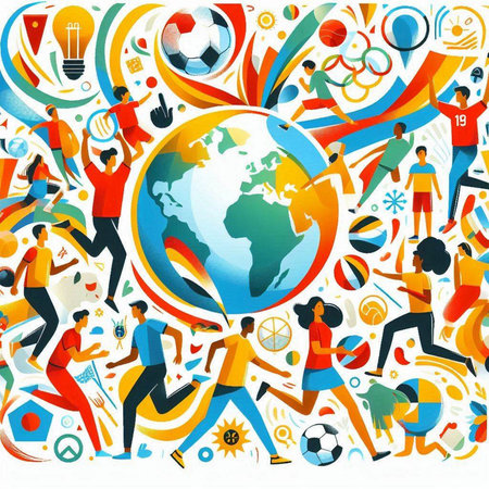 Soccer background with football players and world globe. Vector illustration.のイラスト素材