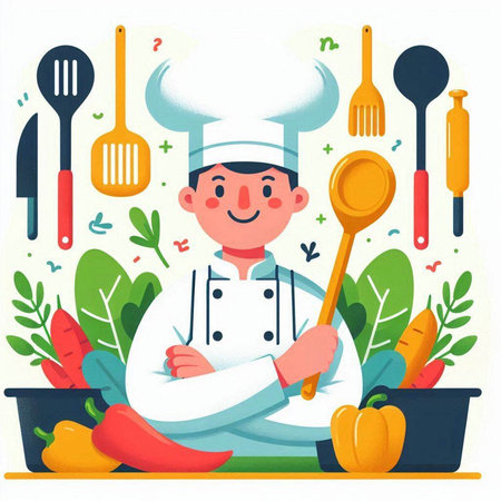 Chef in the kitchen with vegetables. Vector illustration in flat styleのイラスト素材