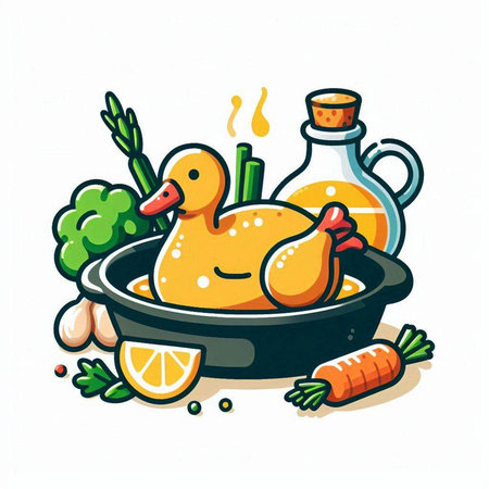 Illustration of a duck in a frying pan with vegetables and lemonのイラスト素材