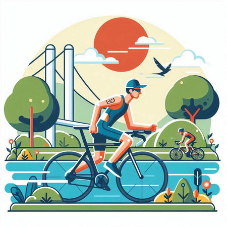 Cyclist riding bicycle in the park. Flat vector illustration.のイラスト素材