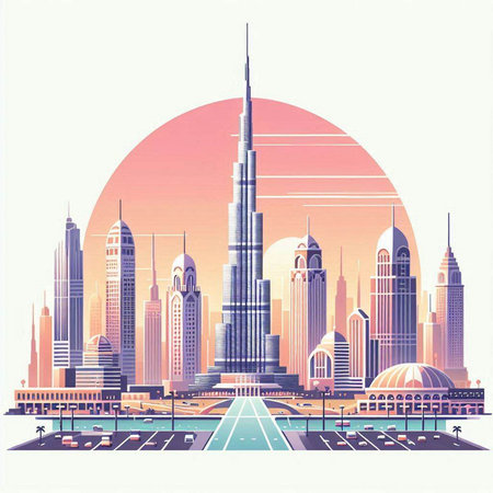 Dubai skyline at sunset, United Arab Emirates, vector illustration.のイラスト素材