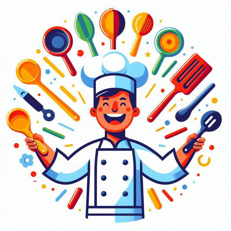Chef with different utensils. Vector illustration in cartoon styleのイラスト素材