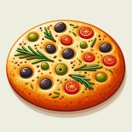 Pizza with olives, tomato and rosemary. Vector illustration.のイラスト素材