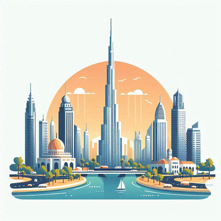 Dubai skyline, United Arab Emirates, vector illustration in flat styleのイラスト素材