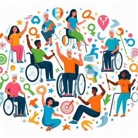 Handicapped people. Flat design vector illustration. Round composition with people.のイラスト素材