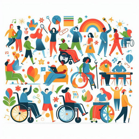 Disabled people concept. Handicapped men and women in wheelchair. Vector illustrationのイラスト素材