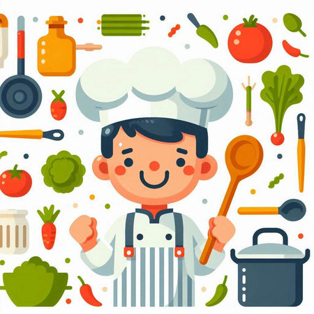 Chef boy with cooking tools. Vector illustration in flat style.のイラスト素材