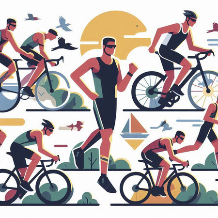 Cyclists. Vector illustration in flat style. Sport and recreation.のイラスト素材