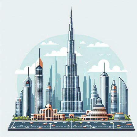 Modern city skyline with skyscrapers. Vector illustration in flat styleのイラスト素材