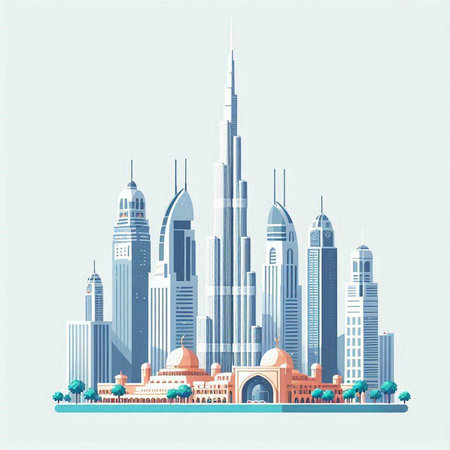 Dubai city skyline with skyscrapers. Vector illustration in flat styleのイラスト素材