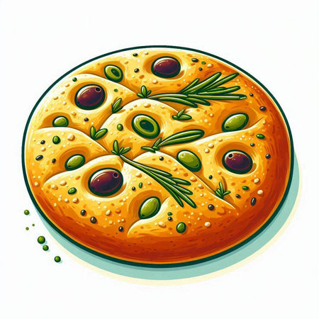 Illustration of a round pizza with olives on a white backgroundのイラスト素材
