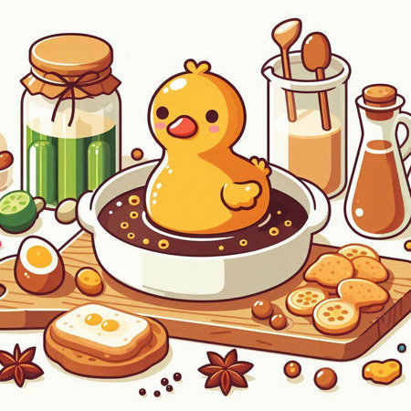 Illustration of a chicken in a bowl with eggs and bread.のイラスト素材