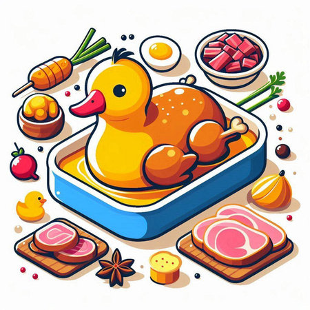 Vector cartoon illustration of boiled duck with eggs and vegetables on white background.のイラスト素材