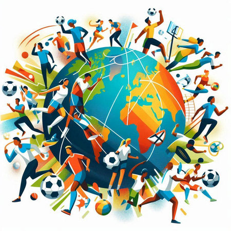 Group of soccer players around the globe. Colorful vector illustration.のイラスト素材