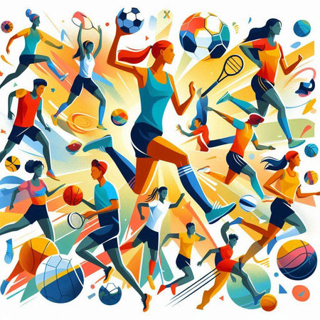 Vector illustration of a group of people playing basketball, volleyball, soccer, tennis, rugby, basketball.のイラスト素材