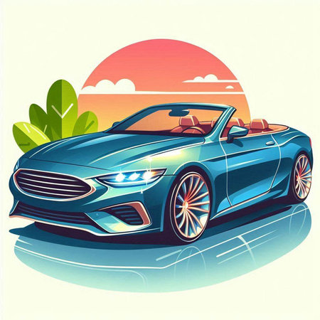 vector illustration of a sports car on the road in the tropicsのイラスト素材