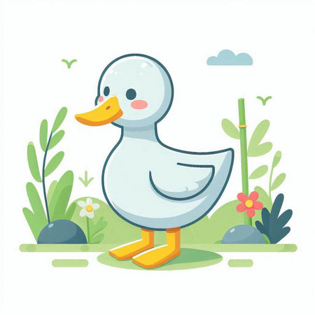 Vector illustration of a cute duck on a background of green plants.のイラスト素材