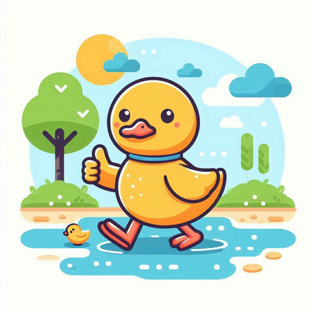 Duck running in the park. Cute cartoon style vector illustration.のイラスト素材