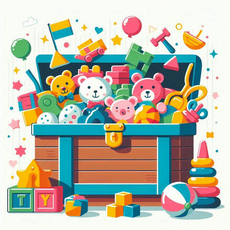 Colorful vector illustration of a wooden box full of different toys.のイラスト素材