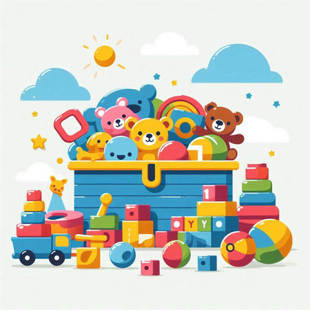 Colorful vector illustration of childrens toys. Flat style design.のイラスト素材