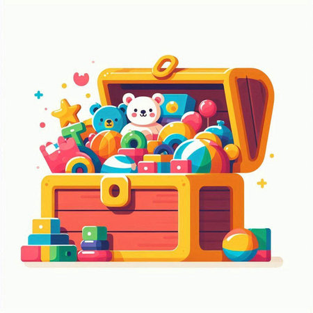 Colorful cartoon vector illustration of a wooden chest full of toys.のイラスト素材
